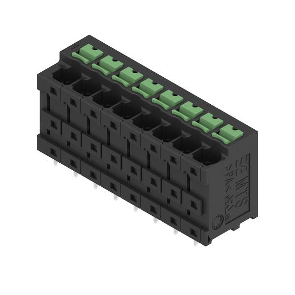 Čierny obdĺžnikový viacpólový svorkovnicový blok so zelenými tlačidlami, znázornený v 3D na bielom pozadí.
