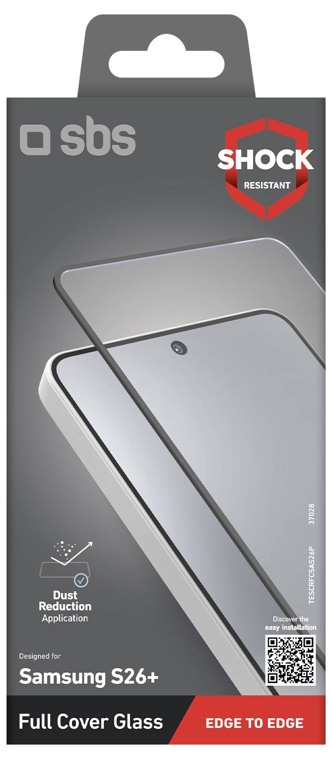 SBS Shock Resistant plne pokrývajúci temperovaný sklený chránič obrazovky pre Samsung S26+, od okraja k okraju, s aplikáciou na zníženie prašnosti a QR kódom.