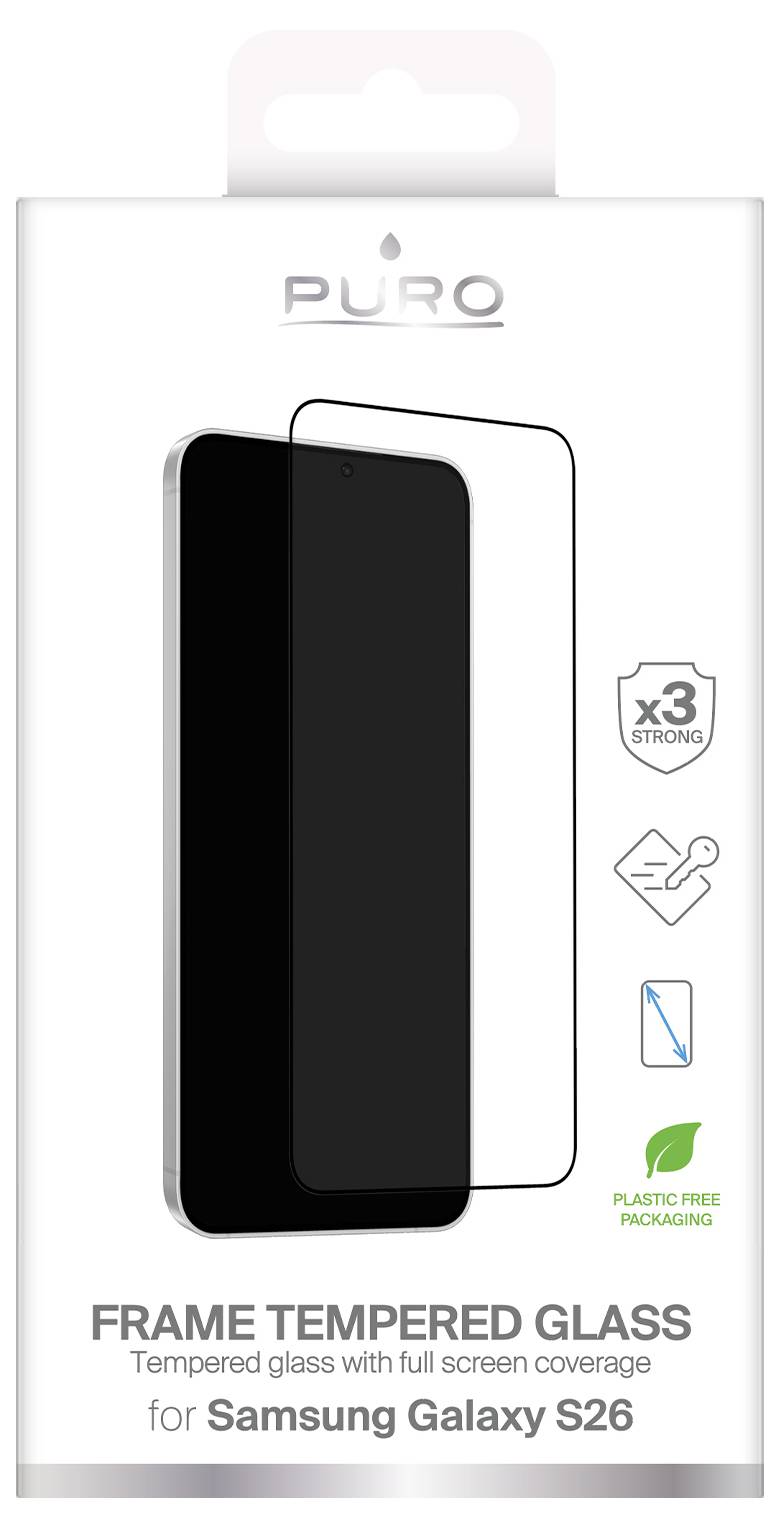Puro Frame Ochranné sklo s kalením pre Samsung Galaxy S26, úplné pokrytie obrazovky, x3 silnejšie, balenie bez plastov.