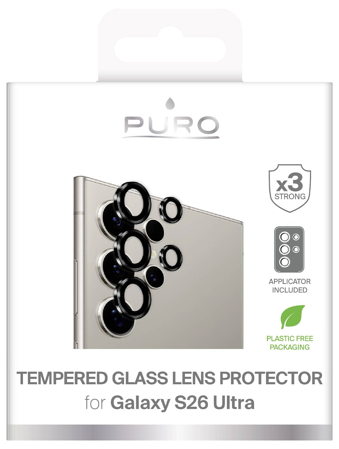 PURO kalené sklo na objektív Galaxy S26 Ultra, zobrazené na telefóne s krúžkami na výrez fotoaparátu; balenie poukazuje na 3x väčšiu pevnosť, aplikátor v balení a bez plastového obalku.