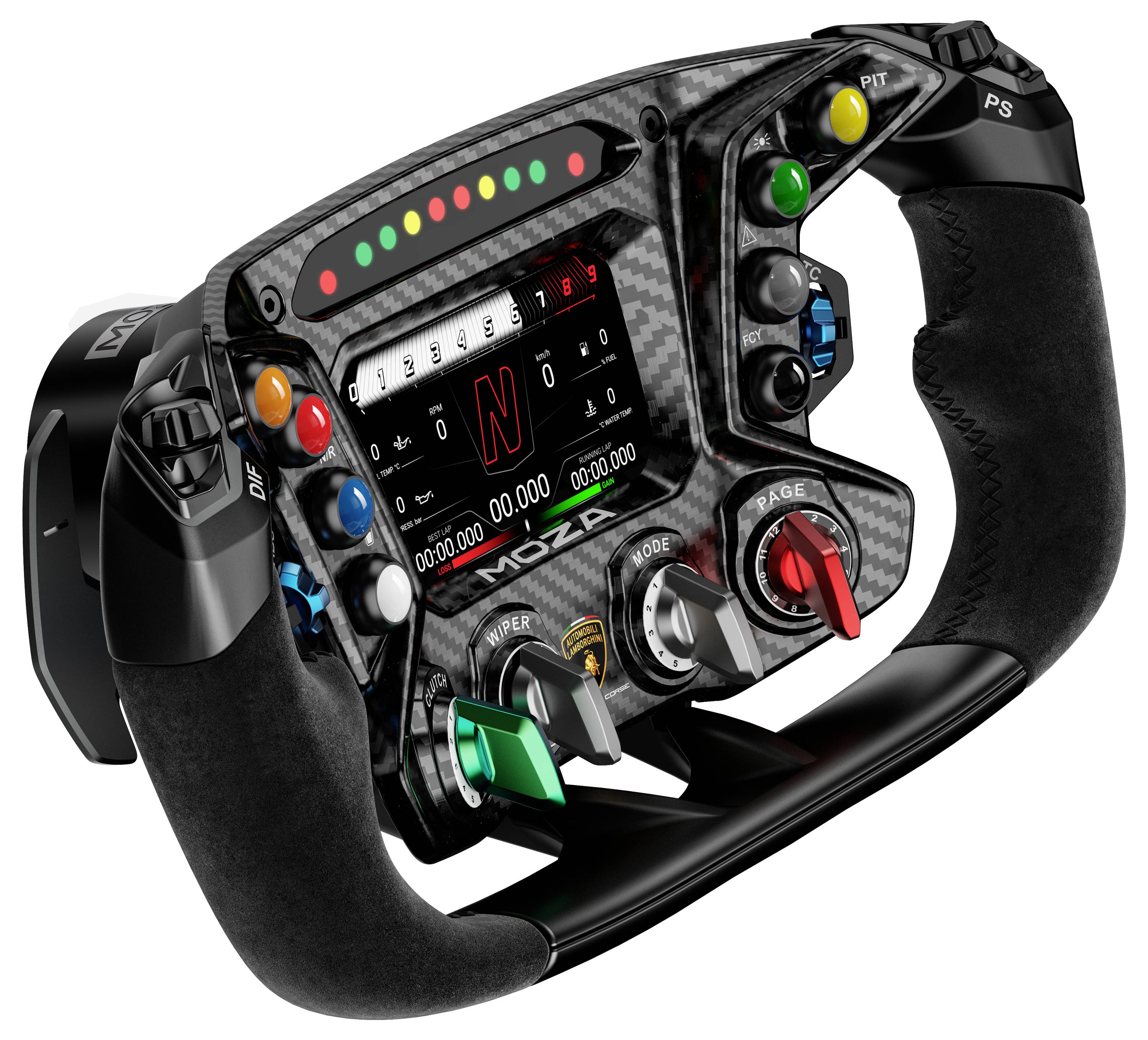 Uhlíkový volant Formula 1 s digitálnym displejom, farebnými tlačidlami, otočnými voľačmi a pákovými radičmi na ovládanie závodného vozidla.