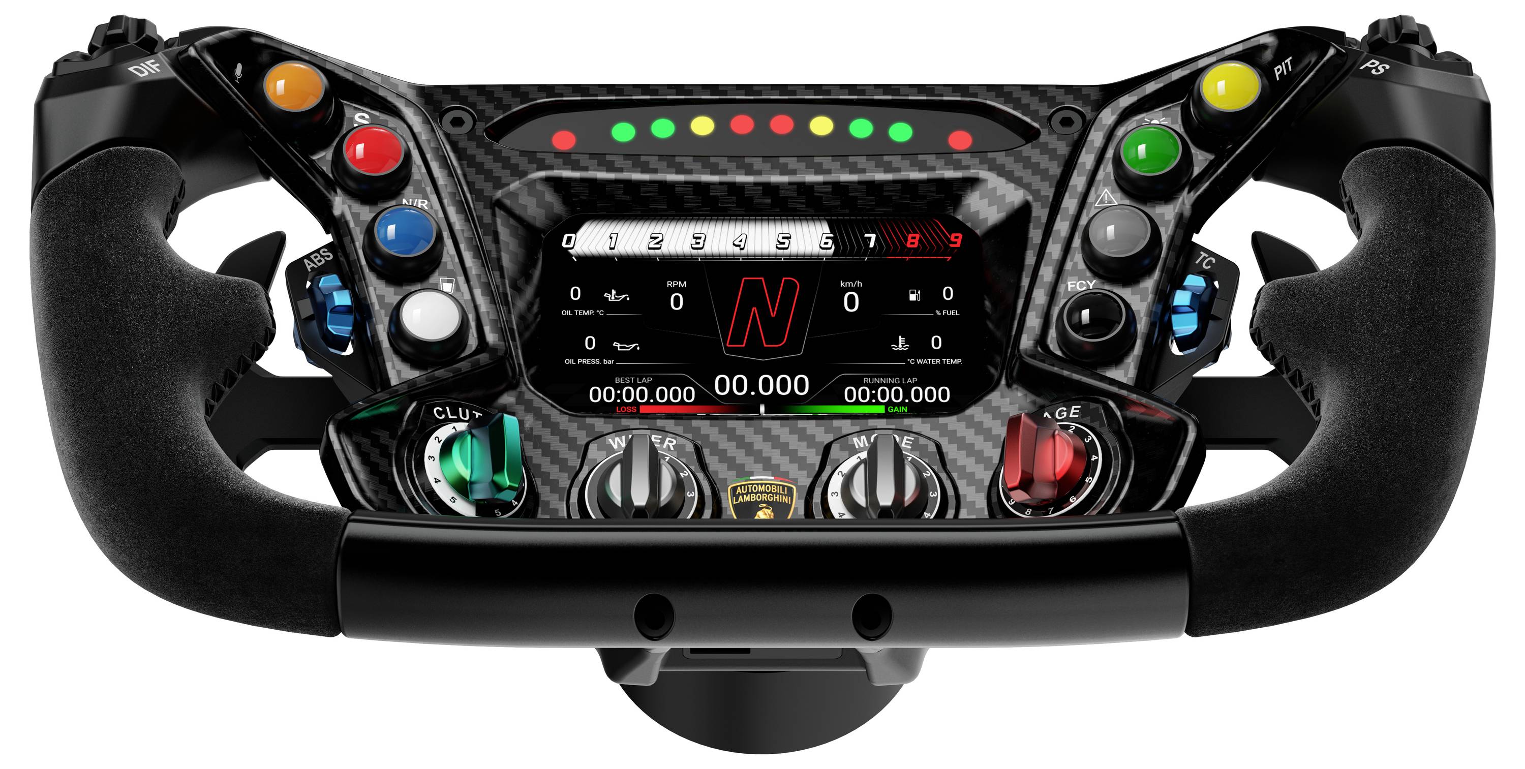 Pretekársky volant Formula 1 s digitálnym displejom, svetlami posunu rýchlosti a viacerými farebnými tlačidlami a regulačnými kľúčmi na ovládanie automobilu.