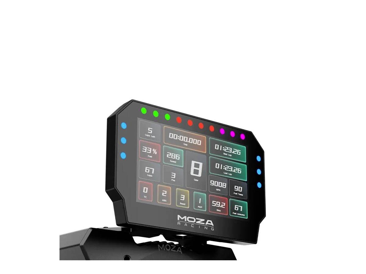 Digitálny závodný panel s viacerými telemetrickými údajmi, vrátane veľkých čísel pre rýchlosť a časy kôl, na montáži MOZA Racing.