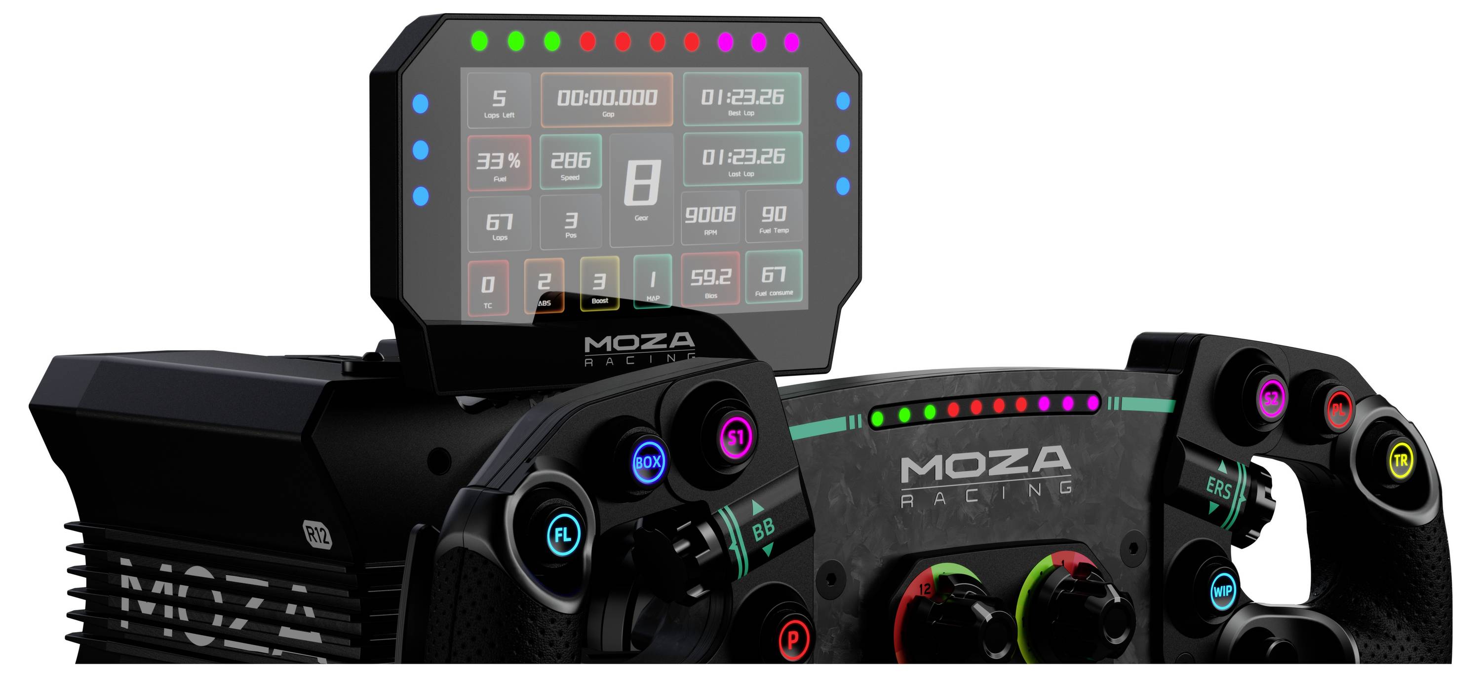 MOZA Racing volant a palubný displej zobrazujúce digitálne závodné rozhranie s telemetrickými indikátormi a svietiacimi ovládacími svetlami.