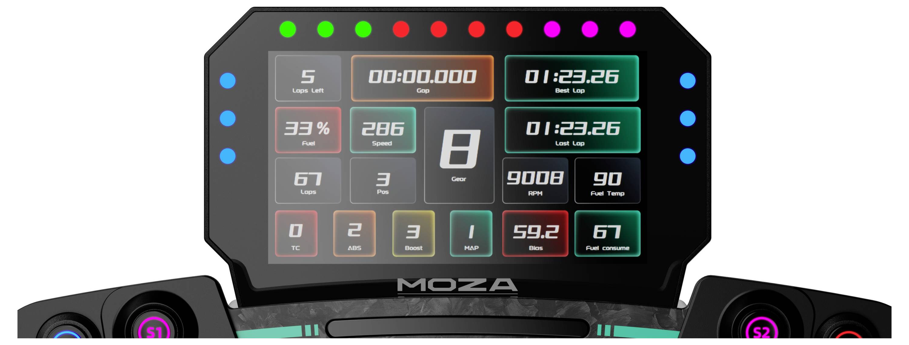 Digitálny pretekaný dashboard MOZA zobrazujúci časomer kôl, rýchlosť, prevodový stupeň, počet otáčok a štatistiky paliva/oleja v farebných dátových paneloch