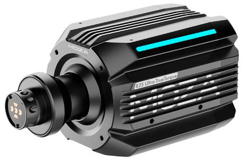 Čierny MOZA R25 Ultra True Torque priame prevody simulačného pretekárskeho kolesa s svietiacim azúrnym akcentným pásikom.
