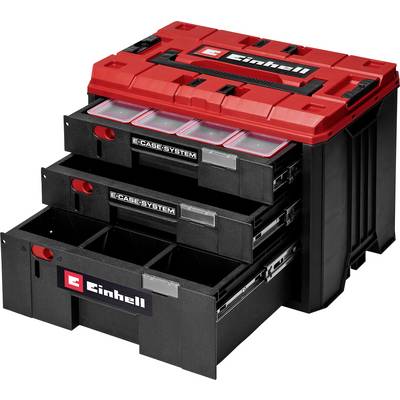 Otvorená čierno-červená Einhell E-CASE SYSTEM krabička s nástrojmi s tromi nastovavanými zásuvkami, jedna zásuvka vytiahnutá napokon, ktorá ukazuje úložný priestor v priehradke.