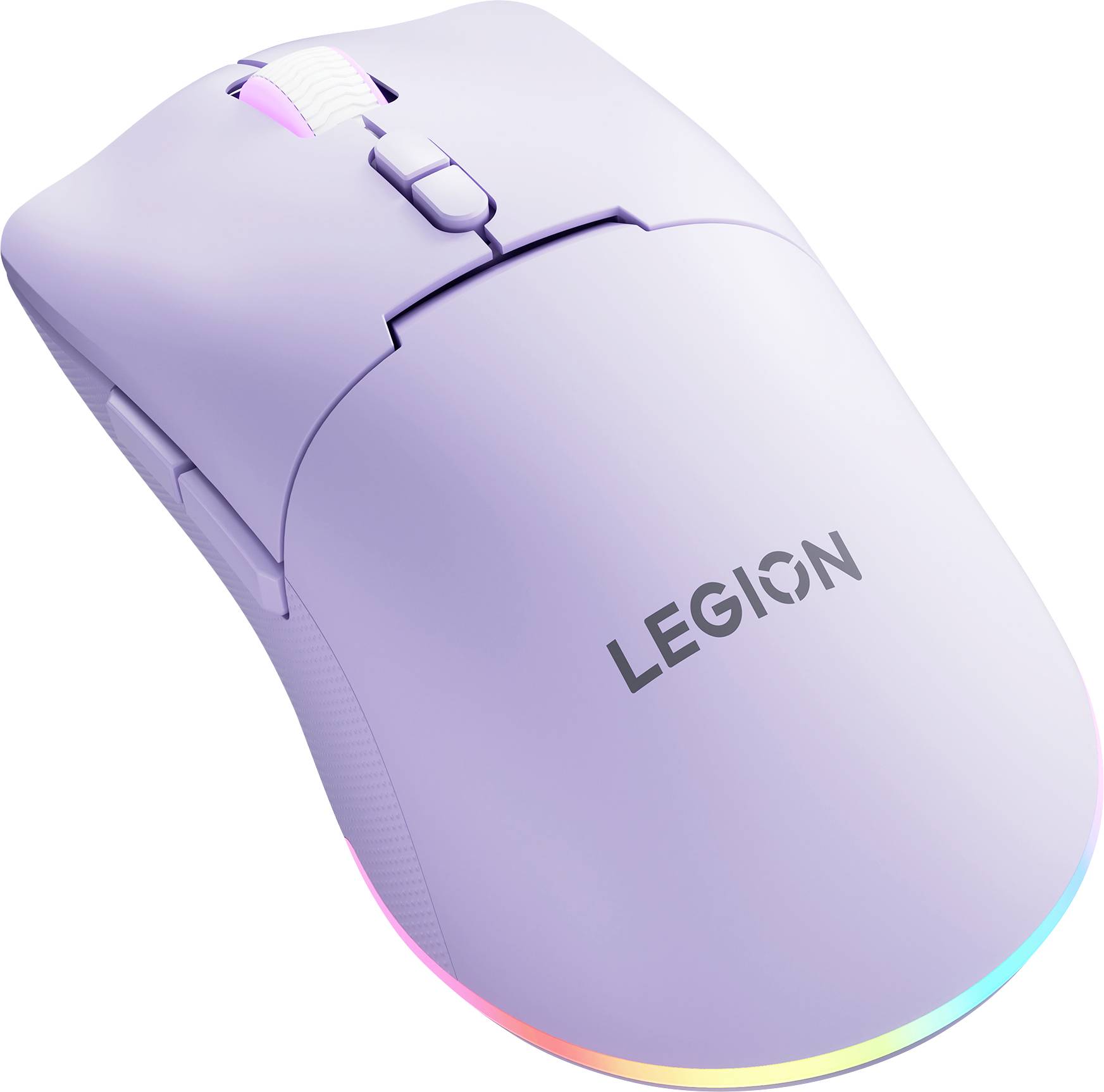 Herná myš Lavender Legion s RGB svetelným pásom a rolovacím kolieskom, zobrazeným na bielom pozadí.