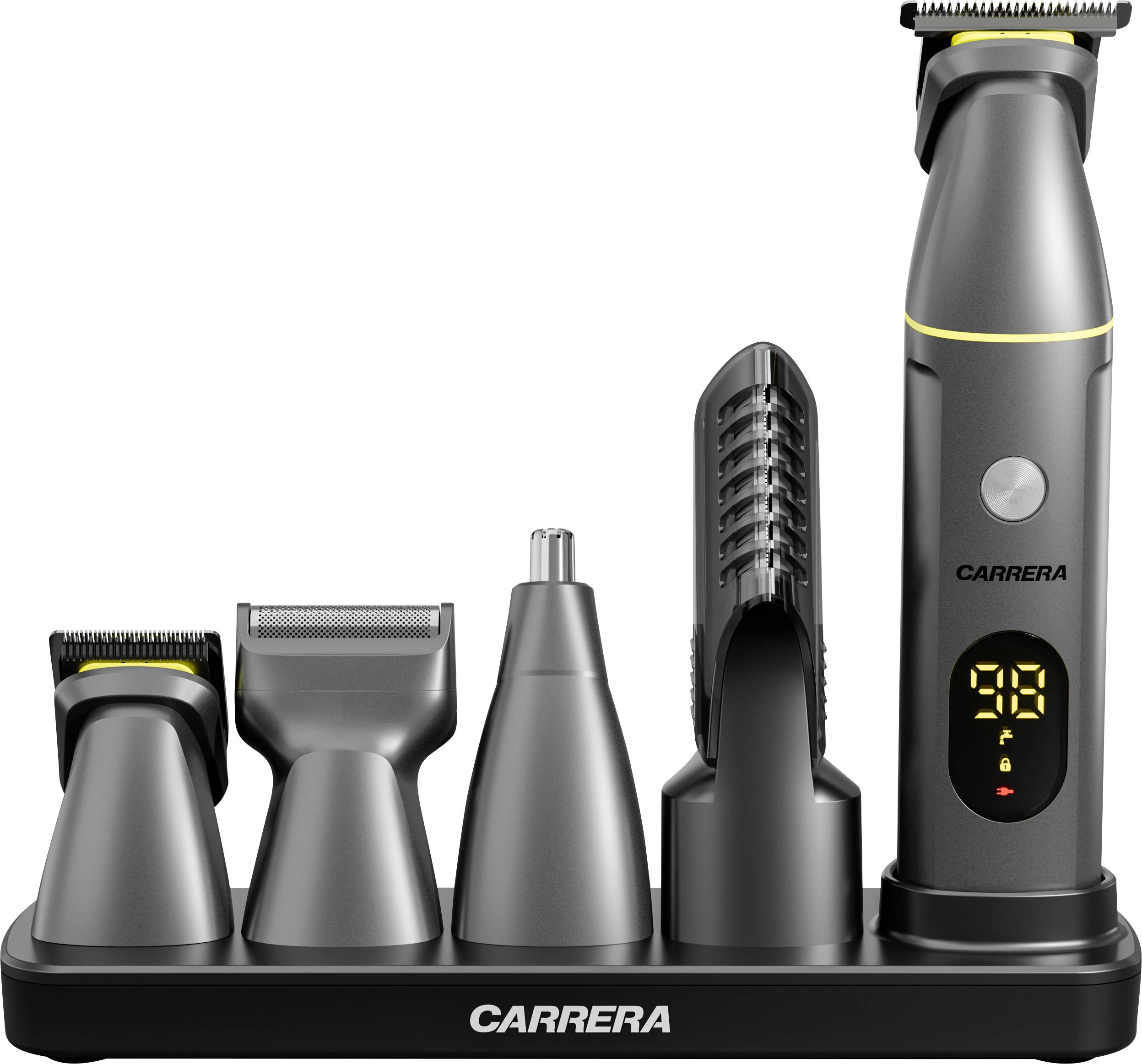 Čierny CARRERA kozmetický kýblik na nabíjacej stanici s piatimi nástavcami, vrátane digitálneho zastřihovača s 99% nabitou batériou.