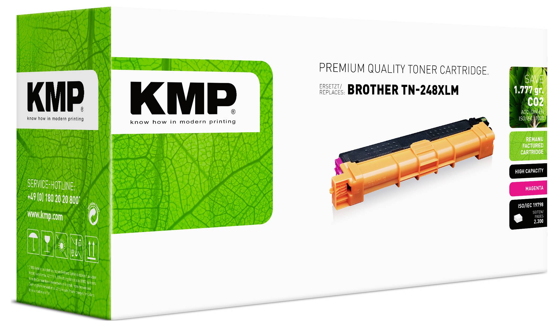 Kartón tonera KMP s prémiovou kvalitou pre Brother TN-248XLM, zobrazujúci oranžový purpurový kartón tonera a zelené ekologické štítky