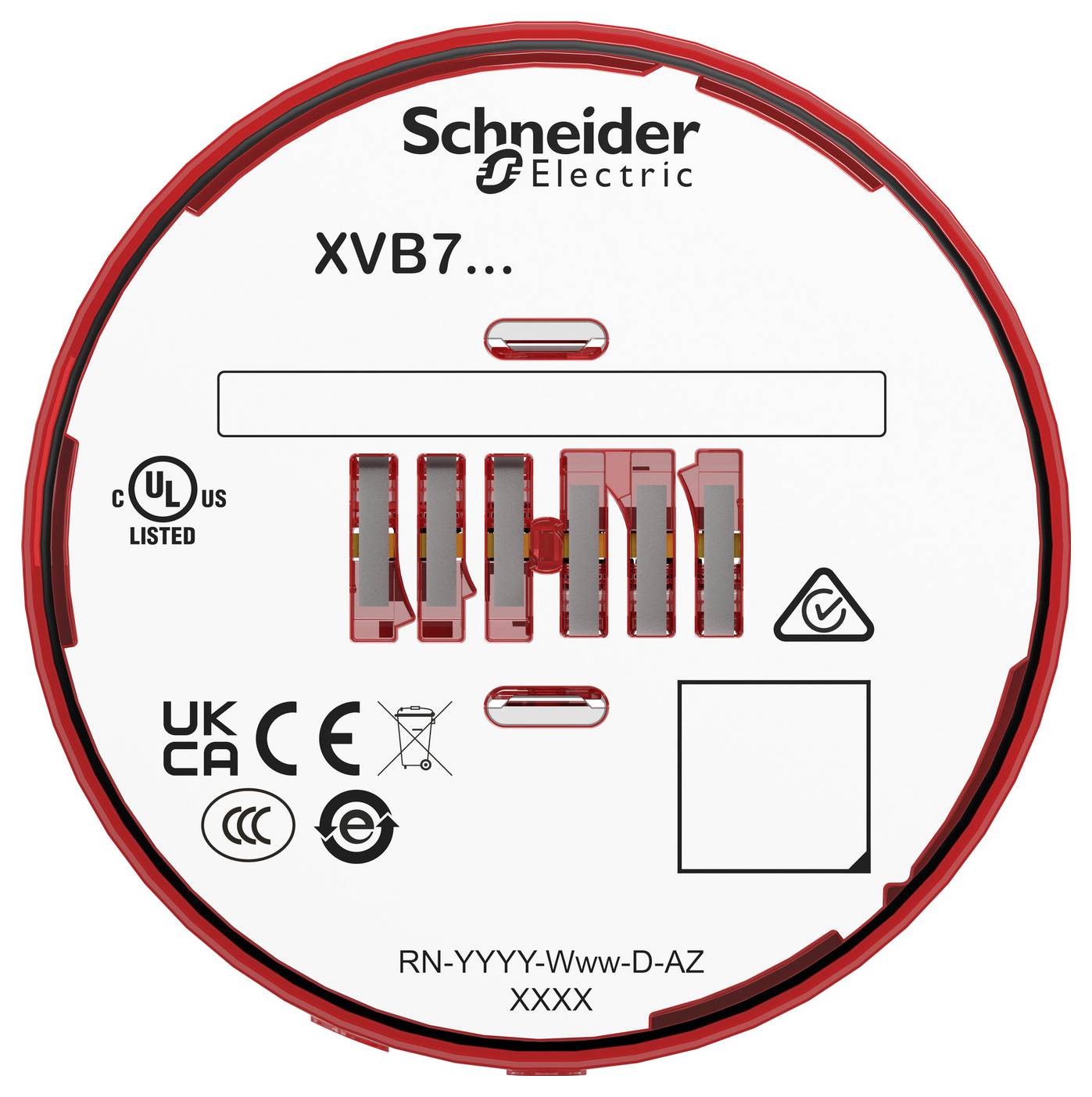 Schneider Electric XVB7... okrúhle označenie zariadenia s certifikačnými logami a textom modelu RN-YYYY-Www-D-AZ XXXX.