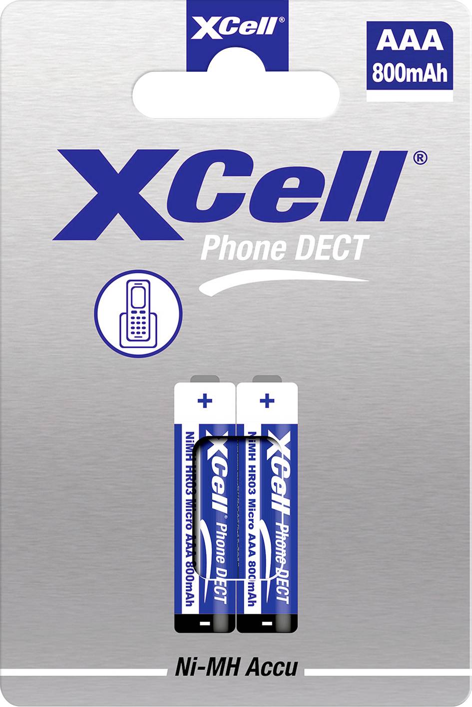 XCell Phone DECT AAA 800mAh Ni-MH nabíjateľný batériový balík s dvoma batériami zobrazenými na balení.