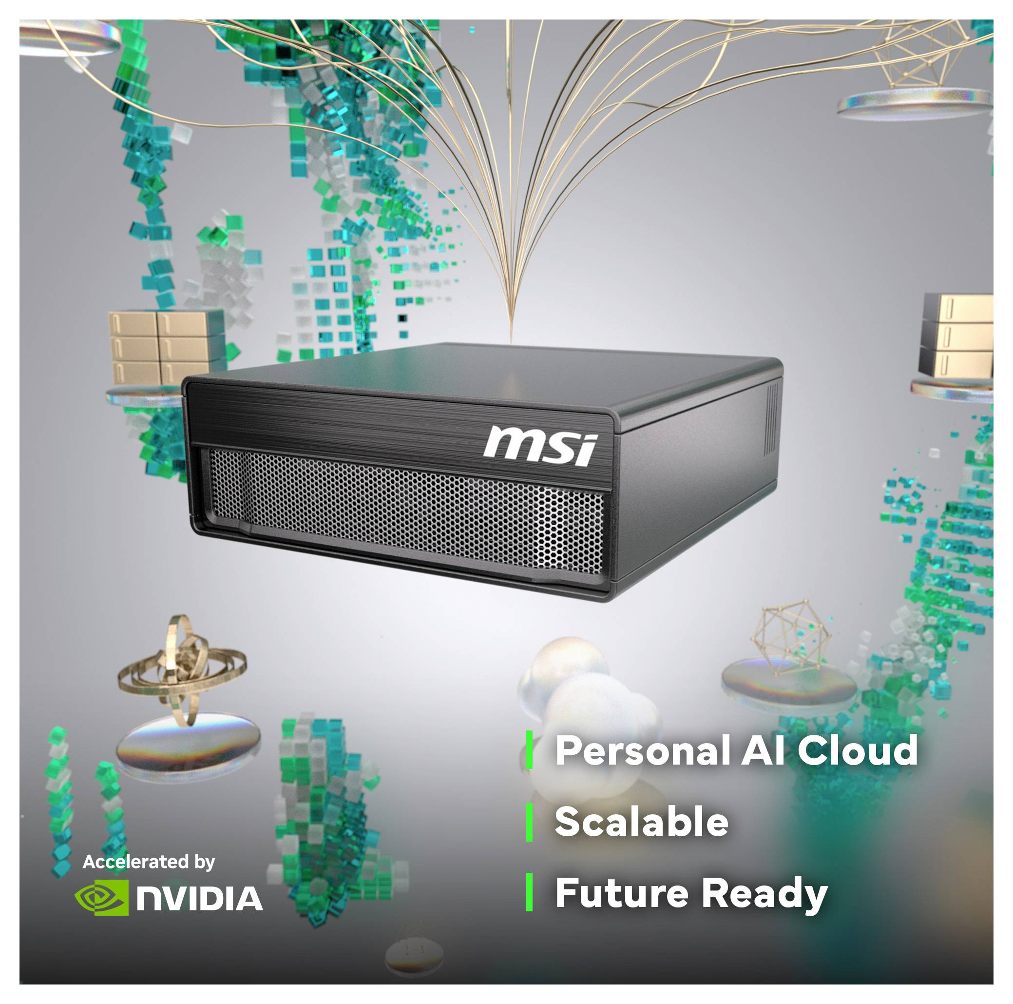MSI kompaktný cloudový server alebo mini PC propagujúci "Personal AI Cloud", "Scalable" a "Future Ready", akcelerovaný spoločnosťou NVIDIA.