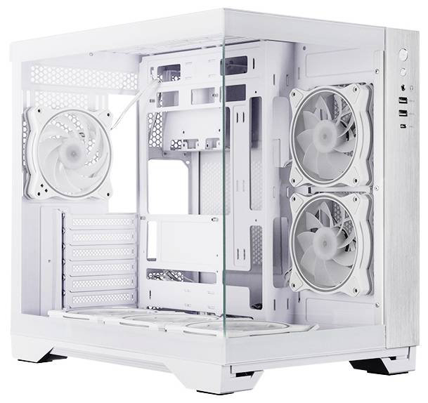 Biela skrín na počítač typu PC zobrazená v prázdnom stave so skleneným bočným panelom a niekoľkými nainštalovanými chladiacimi ventilátorom.