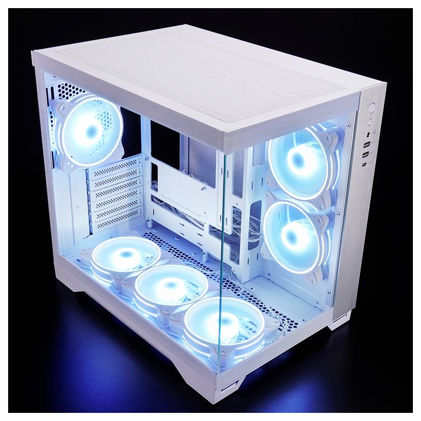 Biela stolná PC jednotka s panelom zo zmäkčeného skla, ktorá zobrazuje štyri žiariace modré RGB ventilátory skrine a interné komponenty.