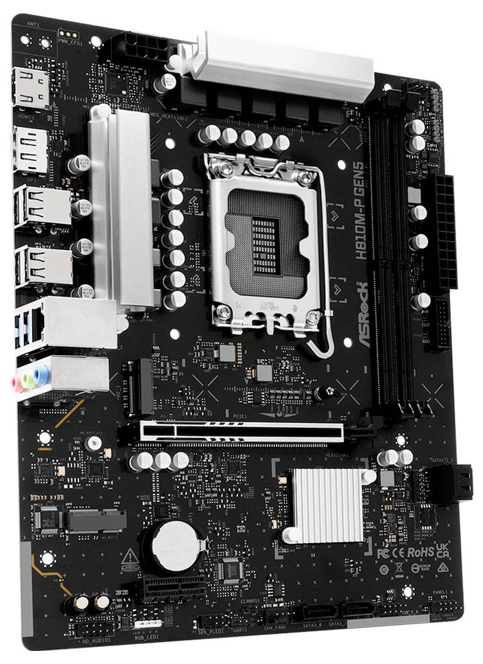 Doska ASRock H610M-HDV/M.2 zobrazená na bielom pozadí s viditeľnou CPU päťou, slotmi RAM, PCI Express slotom, chladičmi tepla a zadnými vstupno-výstupnými portmi.