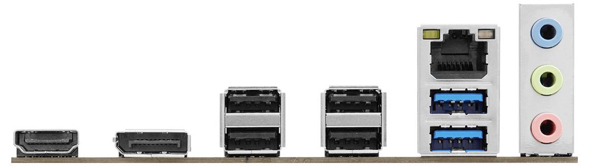 Zadný panel vstupov/výstupov matičnej dosky zobrazujúci viacero portov: HDMI, DisplayPort, USB, Ethernet, modré USB porty a tri farebne označené audio zásuvky.