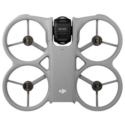 Šedý kvadrokoptéra DJI so štyrmi ochranami vrtúľ s vodiacimi kanálmi a centrálnym kameramodulom, zobrazená zhora na bielom pozadí.