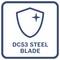 Ikona štítu so trblietavými prvkami a textom „DC53 STEEL BLADE" vnútri zaoblených hraníc štvorca.