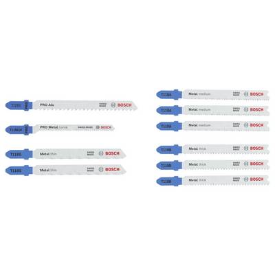 Porovnávacia tabuľka pilovacích listov Bosch pre kov: Pro Alu, Pro Metal curve a Metal thin/thick, s typmi listov a hrúbkami označenými T118A, T118B, T118G a T118E.