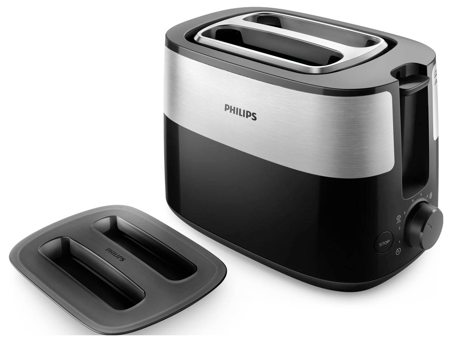 Dvoj-slotový toaster Philips v čiernej a nehrdzavejúcej oceli s zodpovedajúcou zásuvkou na omrvinky, zobrazený na bielom pozadí.