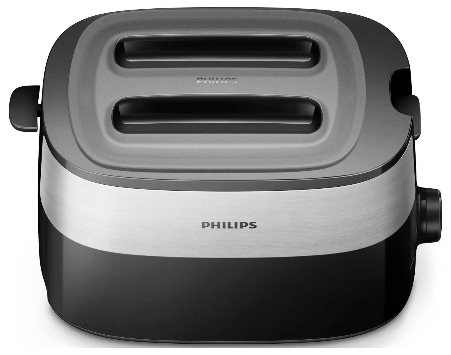 Philips elektrický varič na paru s dvoma pariacimi vašmi v čierno-striebornom dizajne, zobrazený z predného pohľadu na bielom pozadí.