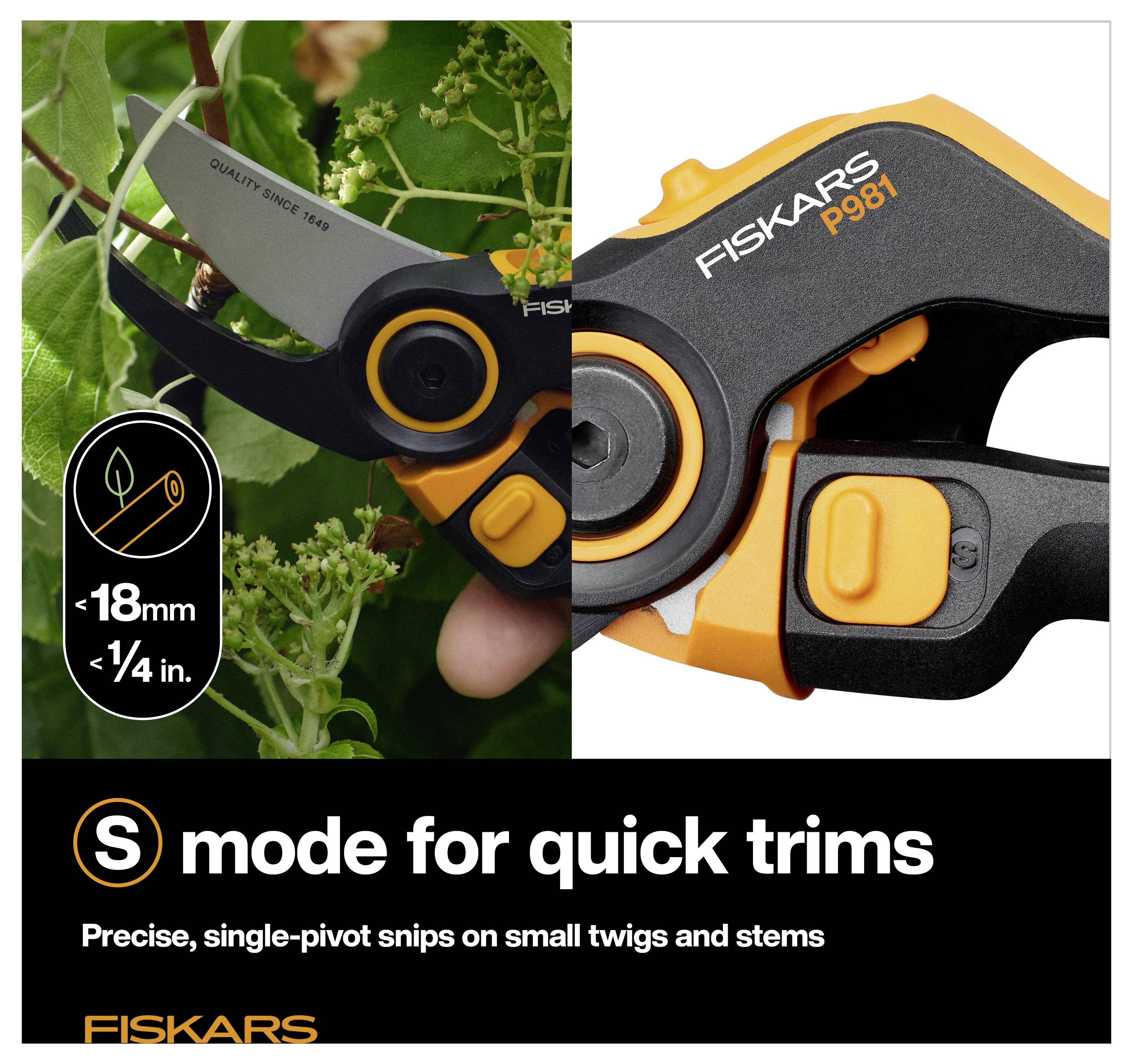 Nožnice Fiskars P981 v režime S na rýchle rezanie, ktoré ukazujú presné strihanie s jedným otočným bodom na malých väčiach a stonkoch do 18 mm (1/4 palca).