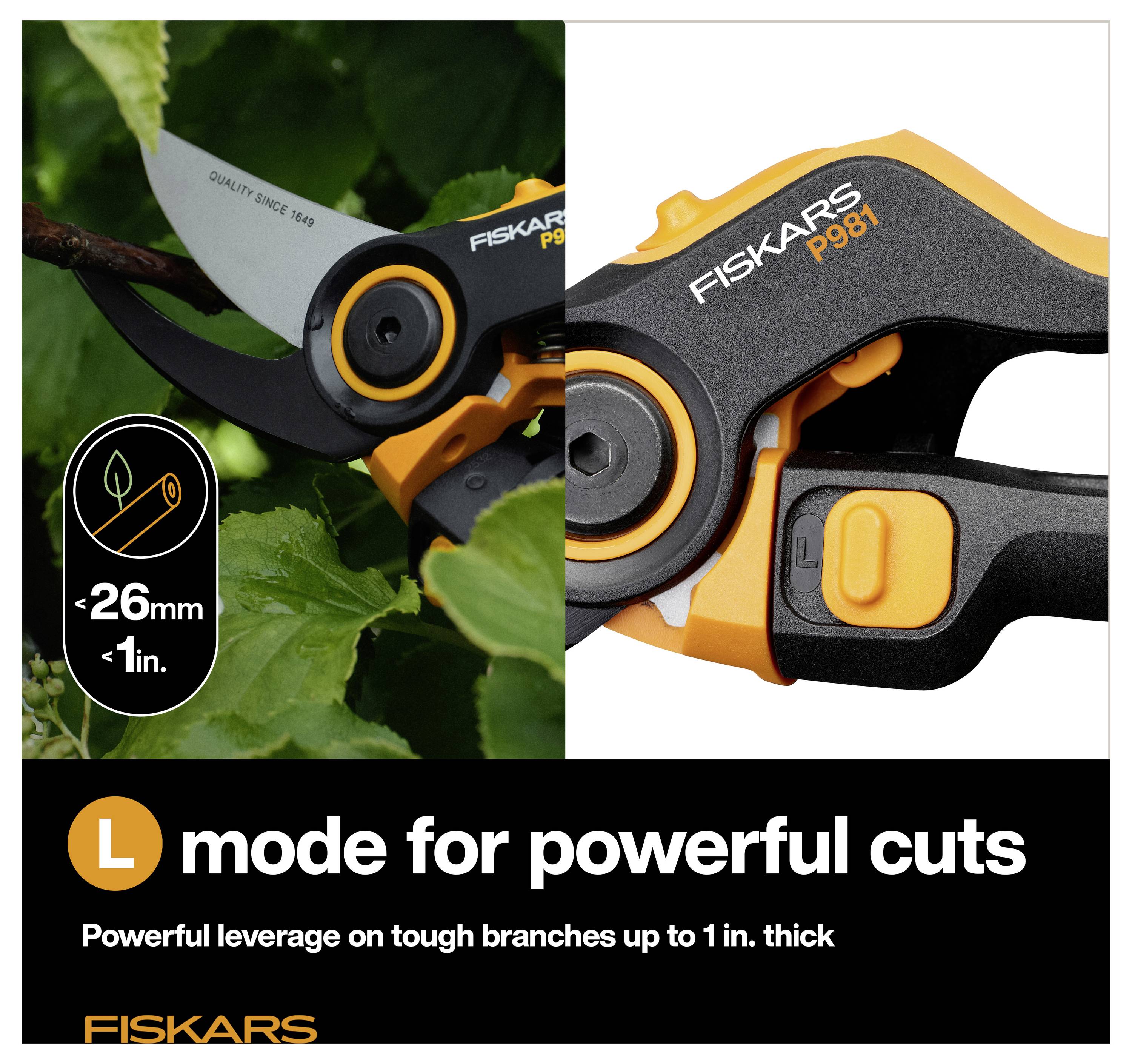 Fiskars L tesák na rezanie konárov, označený na výkonné rezy a do hrúbky 1 palca alebo 26 mm.