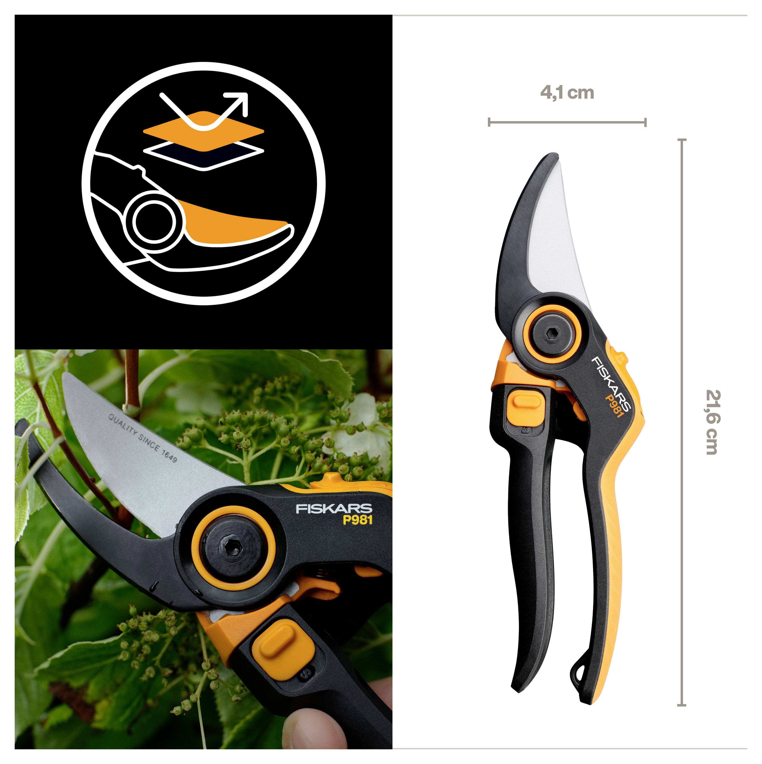 Fiskars P961 prerezávacie nožnice zobrazené v použití a pohľad na produkt s ikonou ilustrujúcou rezanú akciu a rozmermi 21,6 cm vysoké, 4,1 cm širokú.