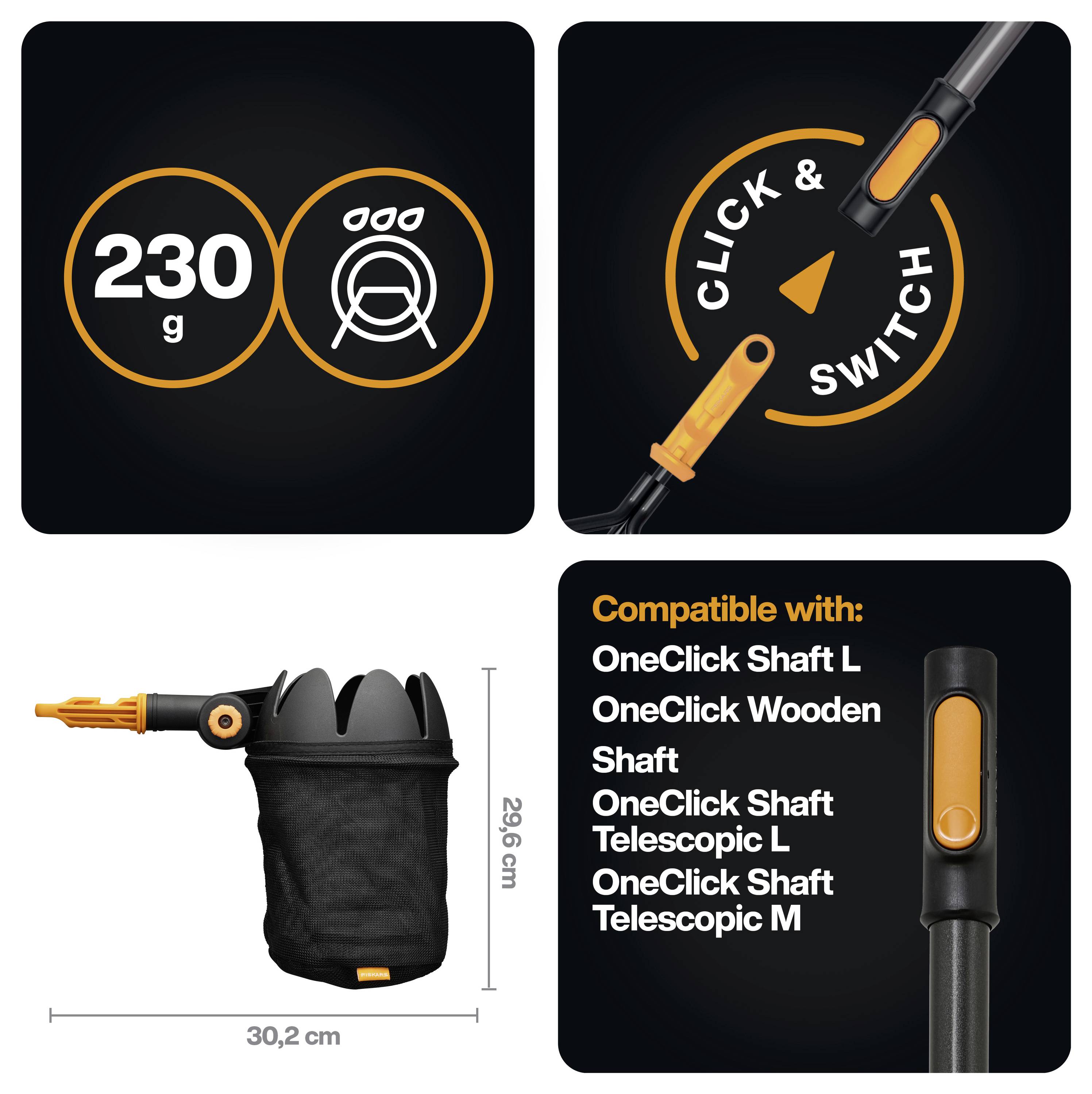 Infografika produktu zobrazujúca 230 g OneClick hriadeľ a funkciu "klikni a prepni", s rozmermi 30,2 cm na šírku a 29,6 cm na výšku, plus zoznam kompatibilných modelov hriadeľov.
