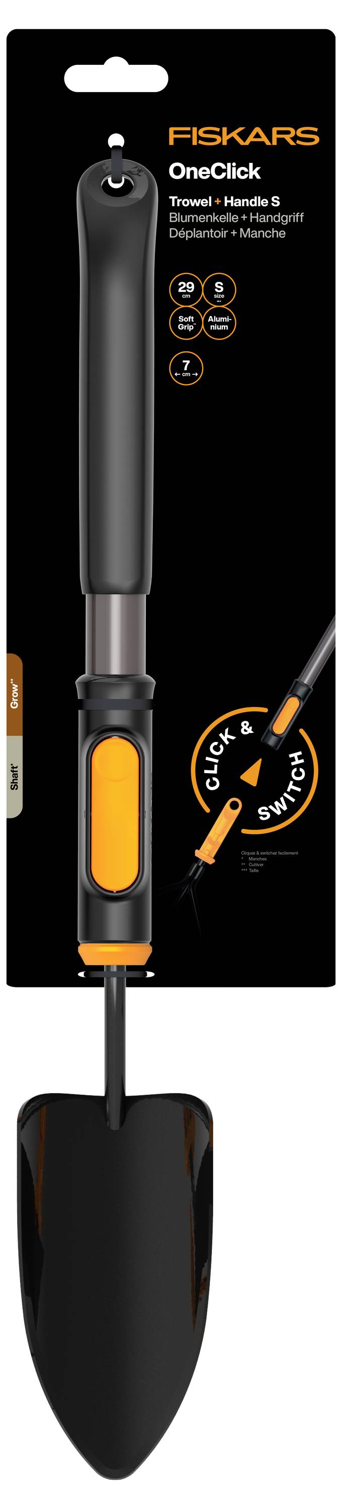 Fiskars OneClick lopata s ergonomickou rukoväťou a oranžovým ovládaním palca; grafika zdôrazňuje pripojenie hlavice nástroja s kliknutím a prepínaním.