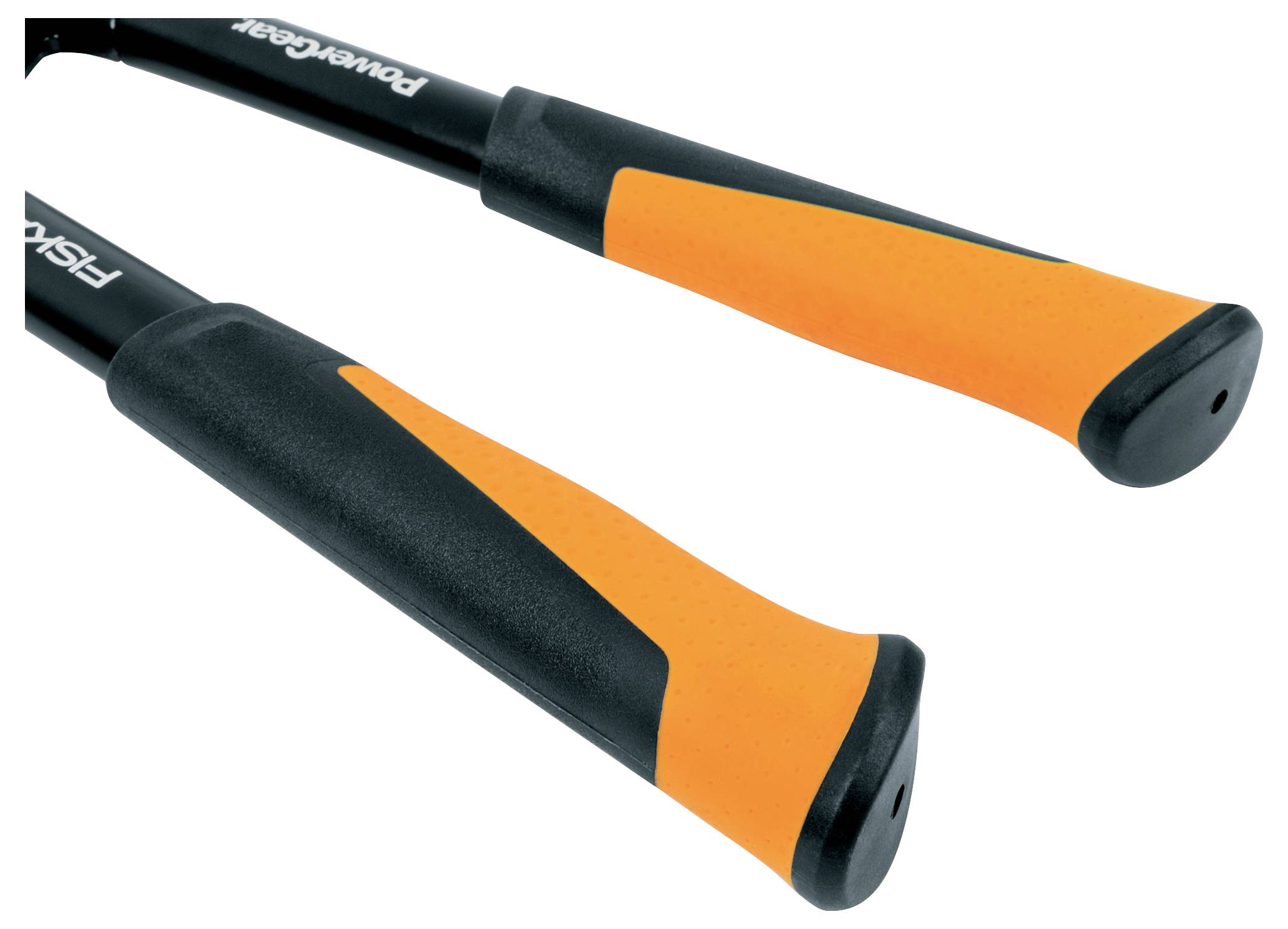 Dve čierno-oranžové rukoväte plotovej pily PowerGear so zaoblenými koncovými čapicami na bielom pozadí.