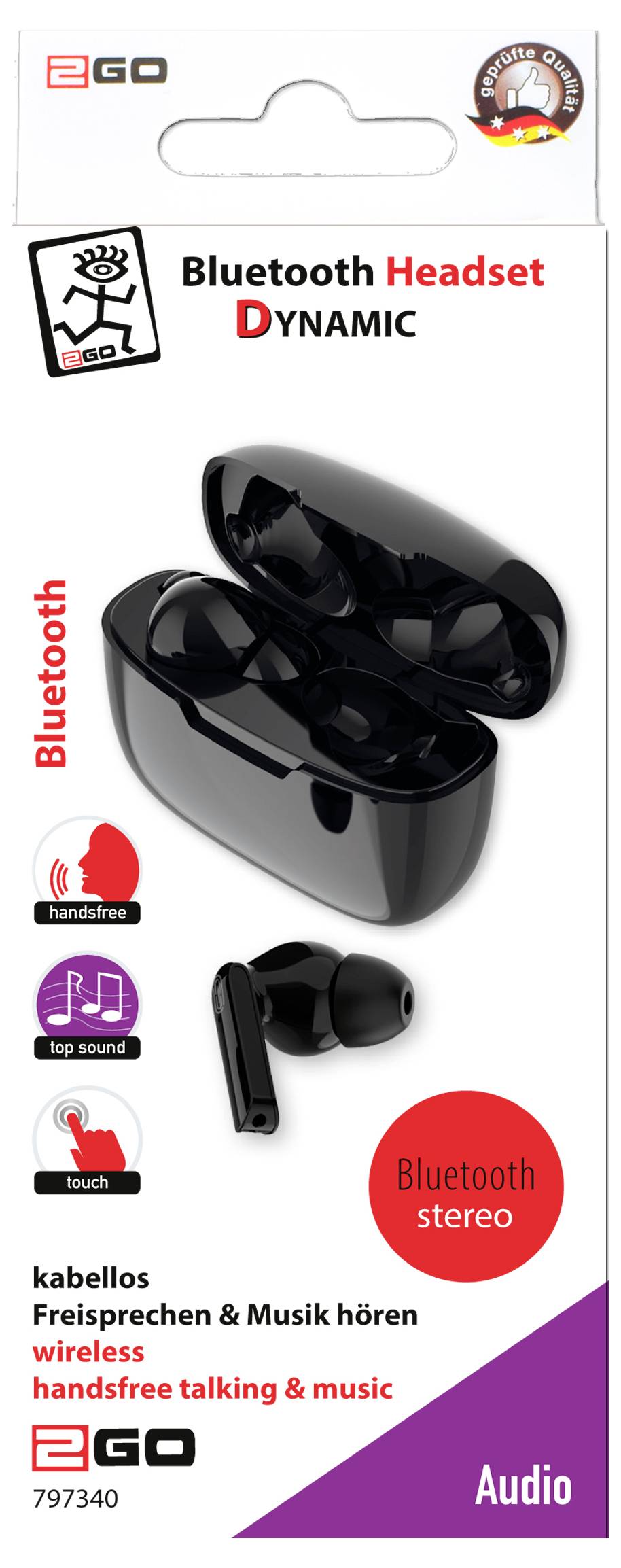 Balenie pre bezdrôtové slúchadlá EGO Dynamic Bluetooth, zobrazujúce čierne bezdrôtové slúchadlá v nabíjacom puzdre, s funkciami „Bluetooth stereo" a bezplatný hudby-hovorov.