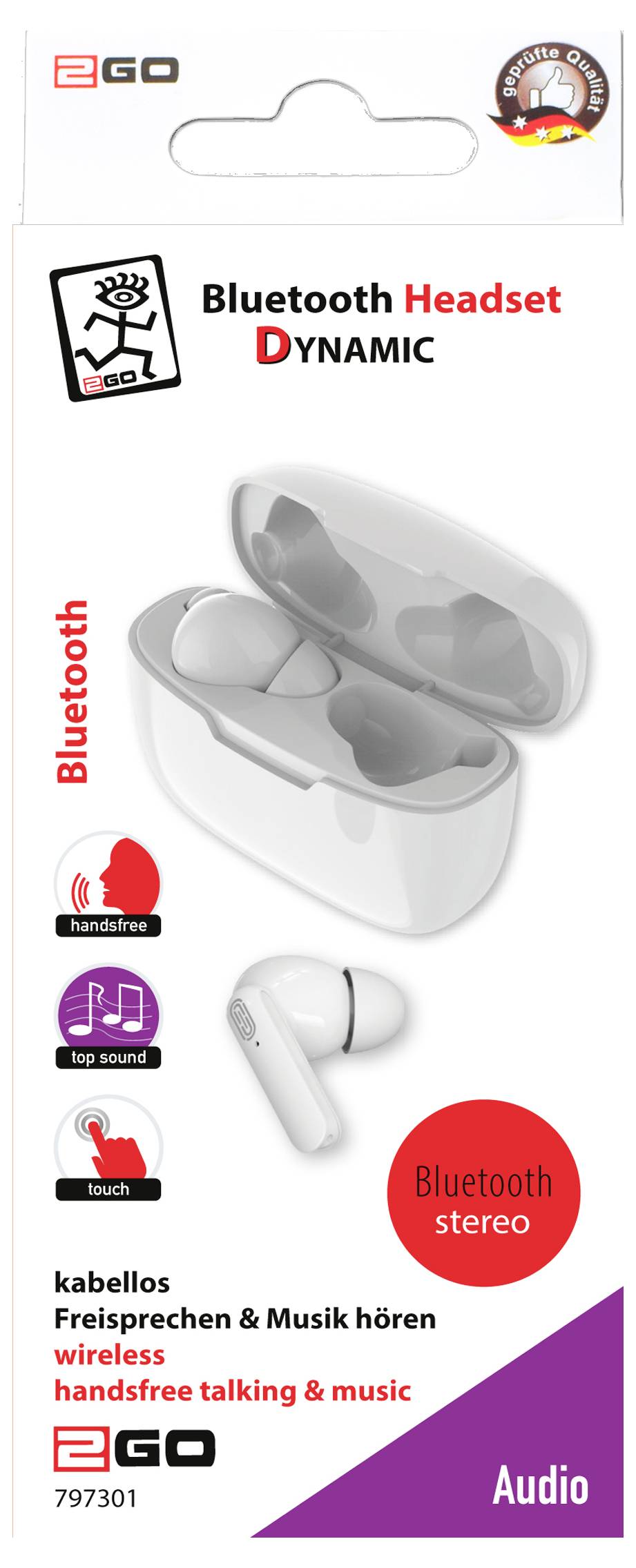 Balenie produktu pre bezdrôtové slúchadlá EGO Dynamic s Bluetooth, zobrazujúce biele bezdrôtové slúchadlá v nabíjacom puzdre a ikony pre handsfree, vynikajúci zvuk, dotyk a Bluetooth stereo zvuk.