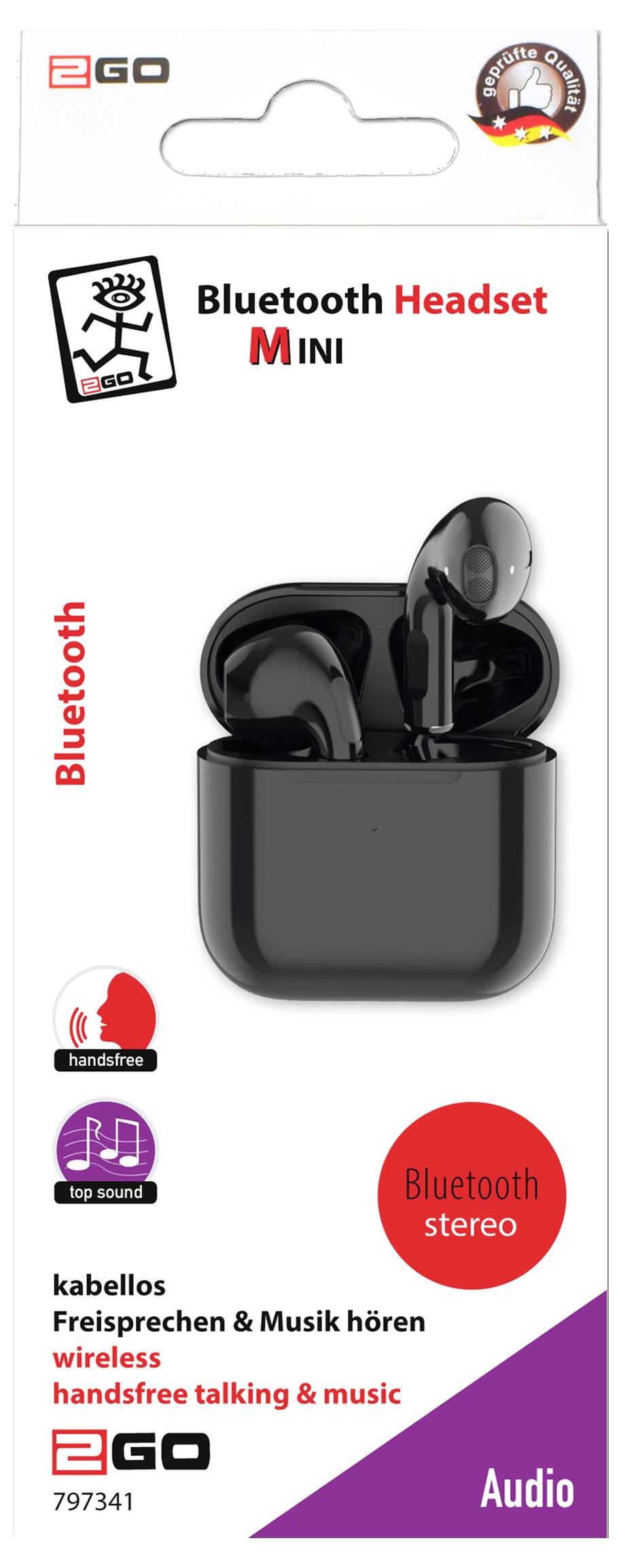 Balenie pre miniaturné Bluetooth slúchadlá EGO s čiernymi bezdrôtovými slúchadlami v puzdre na nabíjanie s označeniami „Bluetooth stereo" a „Audio".