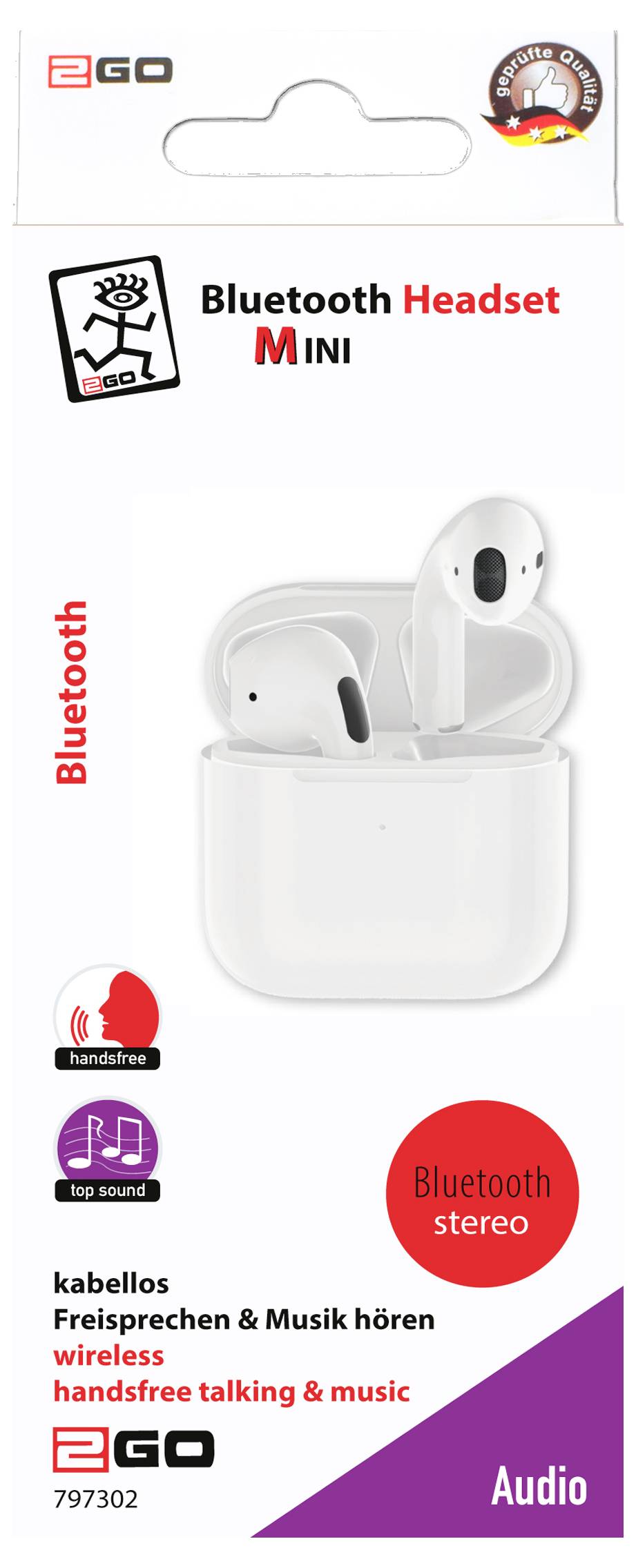 Balenie pre miniaturné slúchadlá EGO s Bluetooth, ktoré zobrazuje biele slúchadlá v nabíjacom puzdre s funkciami „Bluetooth stereo" a možnosťami handsfree hovorov a hudby.
