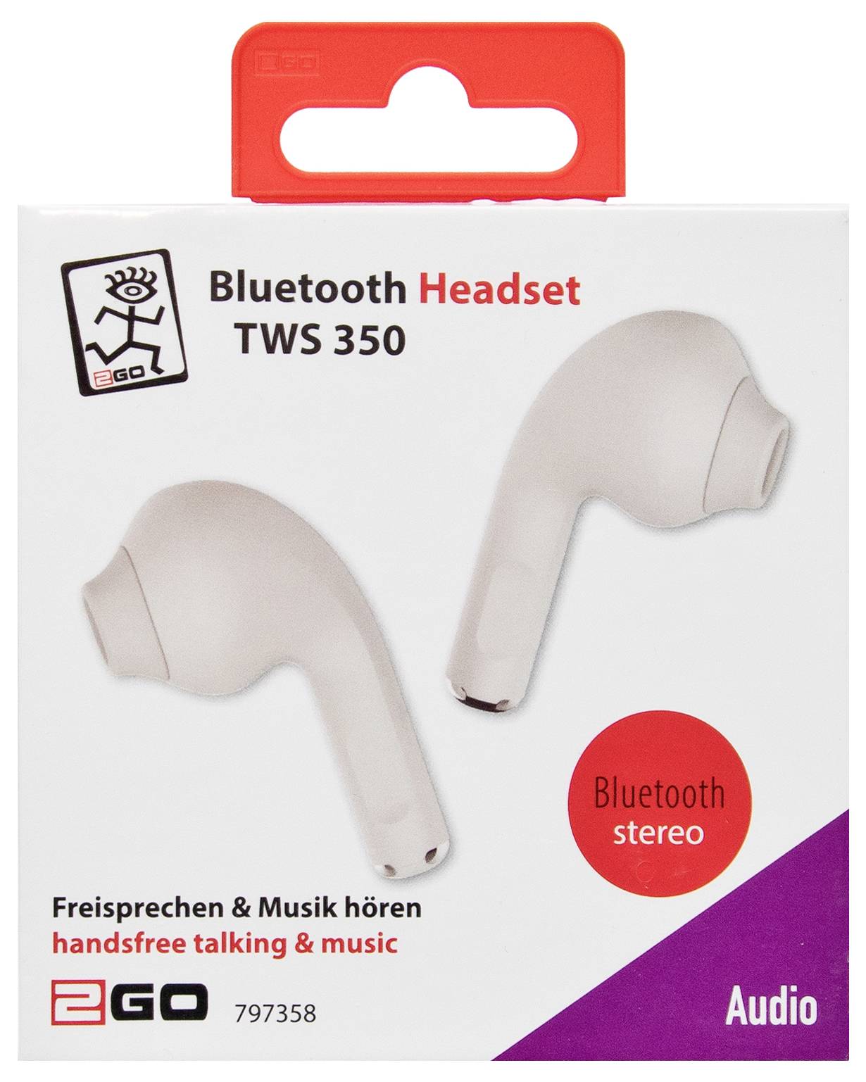 Produktová krabica pre Bluetooth Headset TWS 350 s dvomi bielymi slúchadlami a textom "Bluetooth stereo" a "handsfree hovorenie a hudba".