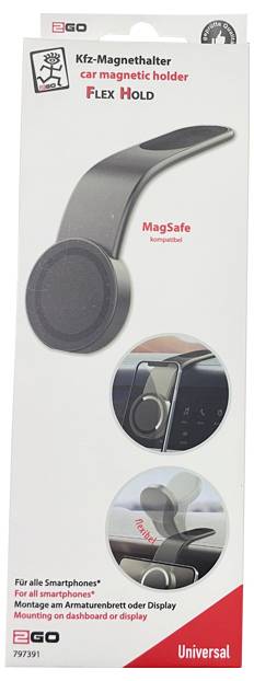 Balenie produktu pre flexibilný magnetický držiak telefónu do auta EGO, označený ako 'Kfz-Magnethalter', 'FLEX HOLD', 'MagSafe kompatibilný' a 'Univerzálny'.