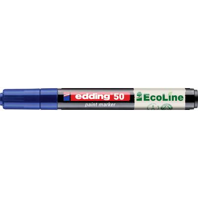 Modrý fixy Edding 50 EcoLine s uzáverom na ľavej strane a čiernym hrotom na pravej strane, označený pre ekologické použitie.