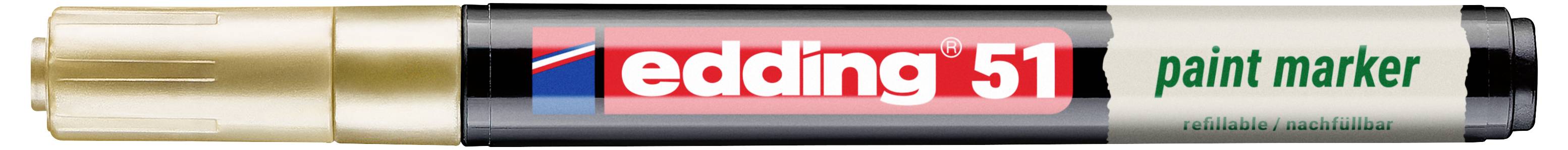 Fixka na maľovanie Edding 51 s červeným vrchnákom, čiernym telom, červeným logom a zeleným textom "fixka na maľovanie".