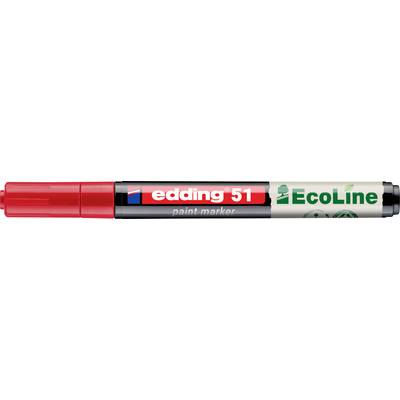 Červený značkovací pero Edding 51 EcoLine s uzáverecou čiapkou, zobrazené vodorovne na bielom pozadí.