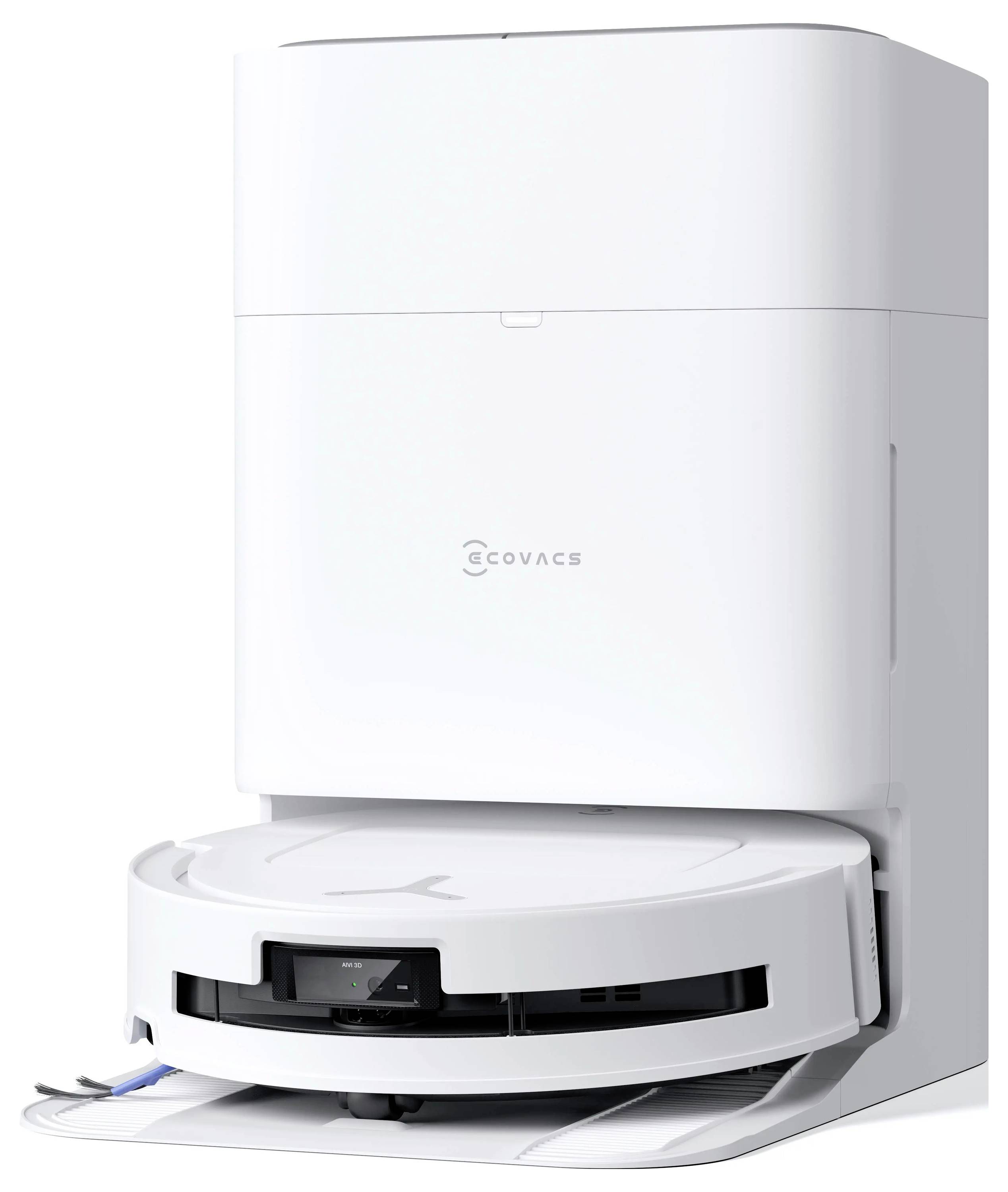Biely robotický vysávač ECOVACS zaparkovaný v stanici na nabíjanie s viditeľnou mopovacou podložkou pod ním.