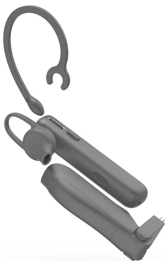 Rozdelený pohľad na bezdrôtové slúchadlá Bluetooth so ušným háčikom, náušnicami a komponentami nabíjacieho puzdra.