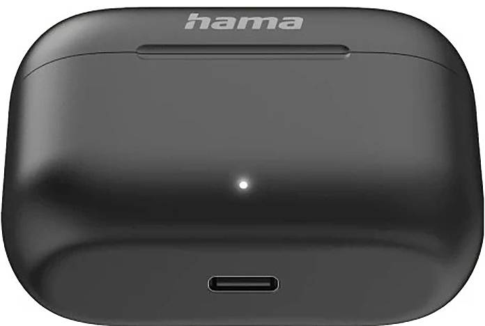 Bezdrôtové slúchadlá Black Hama s púzdrom na nabíjanie, malou prednou LED a portom USB-C na nabíjanie