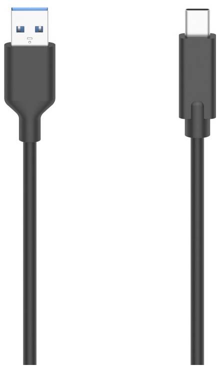 Čierny USB kábel s USB-A zástrčkou na jednom konci a USB-C konektorom na druhom konci, zobrazený z predného a bočného pohľadu.