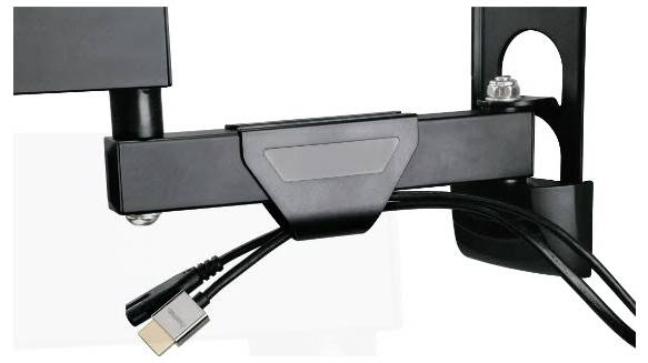 Detailný záber na čierny nastaviteľný držiak monitora so správou káblov, na ktorom je kábel HDMI vedený pod ramenom.
