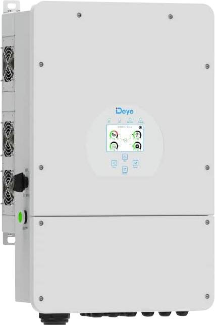 Nástenný elektrický invertor Deye s malým digitálnym displejom a bočnými chladiacimi ventilátorom na bielom pozadí.