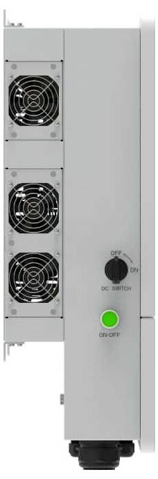 Sivá skrinka elektrického zariadenia s troma chladiacimi ventilátormi na ľavej strane a jednosmerným spínačom so zeleným indikátorom zapnutia/vypnutia na prednej strane.