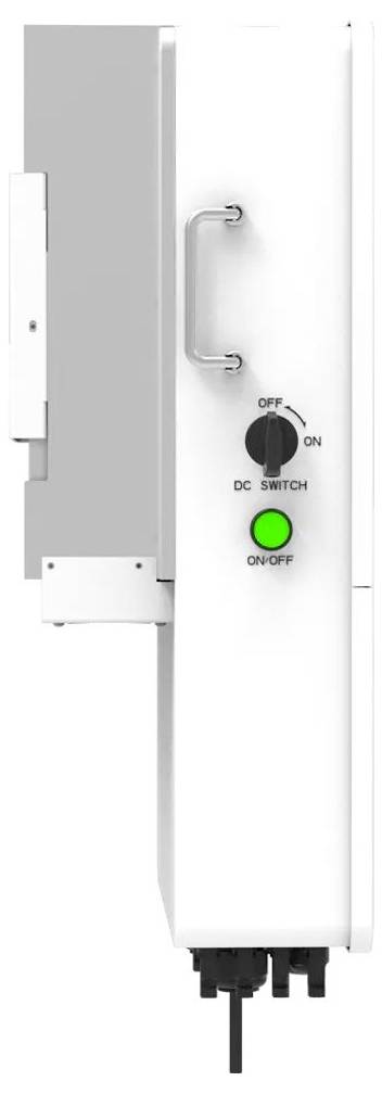 Biely elektrický prístroj s rukoväťou a čiernym otočným prepínačom „DC SWITCH" označený „OFF" a „ON"; zelená indikačná kontrolka „ON-OFF" umiestnená nižšie.