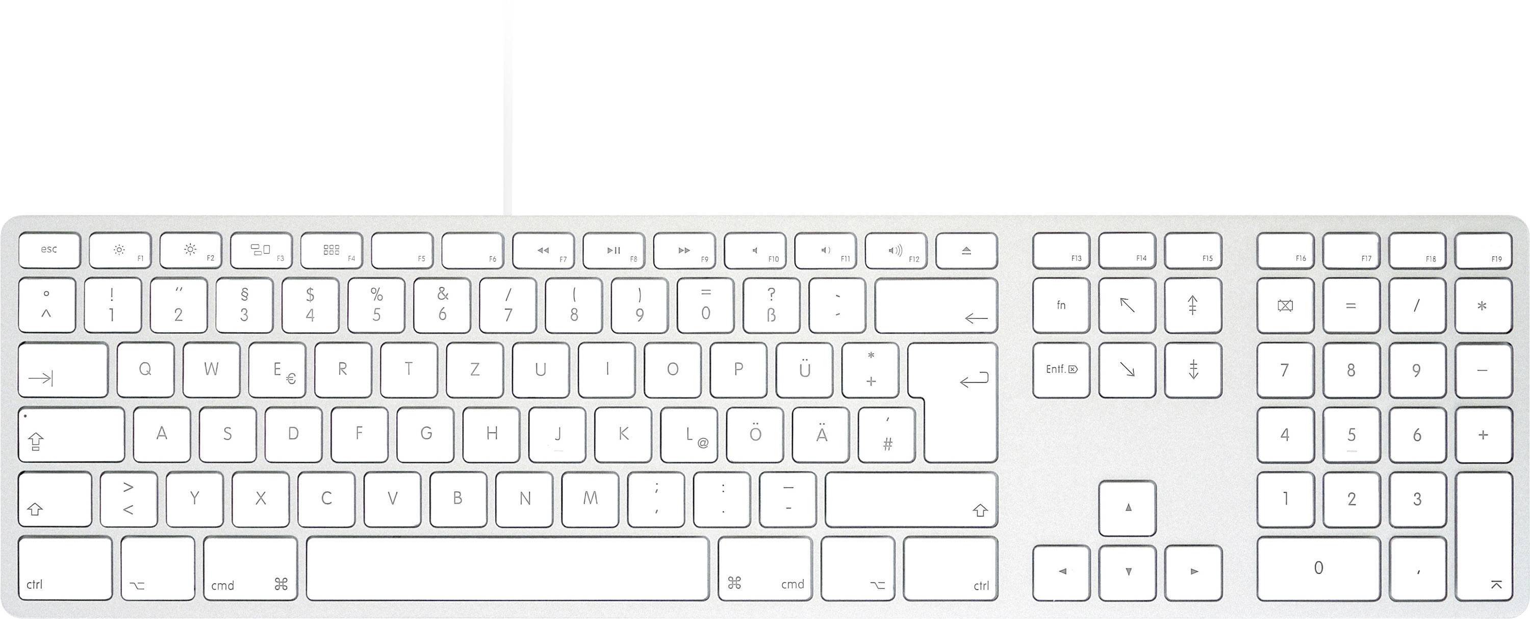 Pohľad zhora na bielu plnoveľkosť klávesnicu s numerickou klávesnicou a klávesmi so šípkami, zobrazujúca štandardné rozloženie QWERTY.